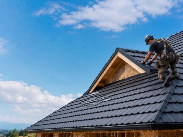 Professional roofer installing a black metal roof on a residential home in Lake Worth, TX.