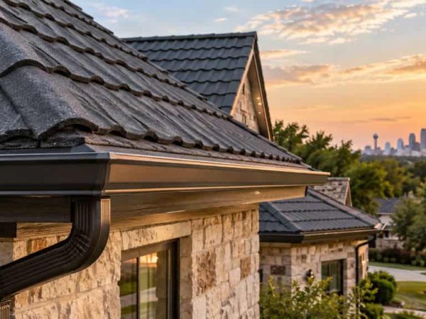 Close-up of a residential roof edge with textured roofing, gutter, and downspout.