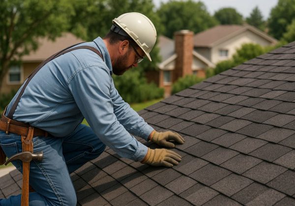 SCR, Inc. delivers dependable roofing contractor services in Nevada, TX, including full roof inspections, repairs, and replacements following storm damage. This image shows a roofer in proper safety gear checking asphalt shingles on a sloped roof with neat alignment and secure installation. Background details include Texas-style homes and greenery, reinforcing the local setting. Known for 24/7 service, expert claim help, and strong warranties, SCR, Inc. is the trusted name for roofing in Nevada, TX. For a free inspection or emergency repair, call 972-839-6834 today.