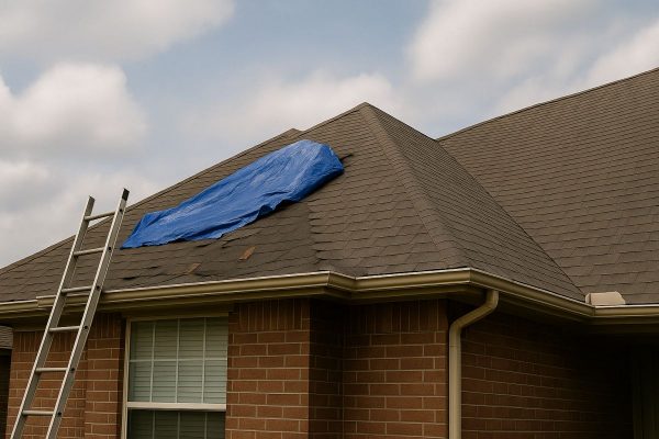 This image shows a storm-damaged residential roof in Nevada, TX, partially covered by a blue emergency tarp secured over torn shingles. A ladder leans against the home, signaling that emergency repairs are underway. The house has a red brick exterior and is surrounded by similar homes in a quiet suburban Texas neighborhood. SCR, Inc. provides 24/7 roofing services and fast emergency tarping for residents in Nevada, TX. Homeowners trust SCR’s fast response and expert storm repair to keep their homes safe. Call 972-839-6834 for immediate help.