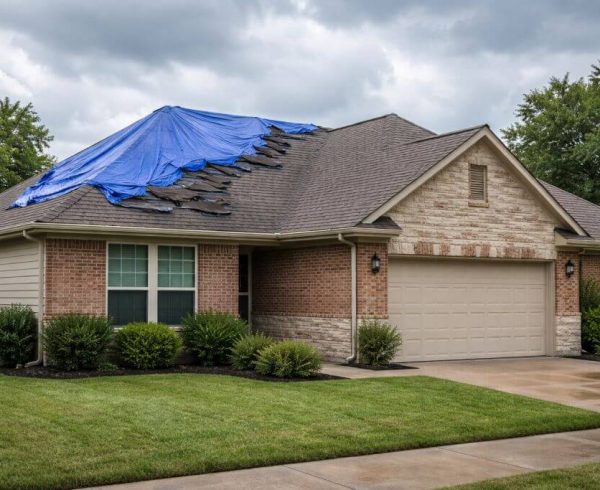 SCR, Inc. provides storm damage repair in Midlothian, Texas for residential homes affected by severe weather. The image shows a single-family brick home with an asphalt shingle roof displaying visible storm damage and a secured tarp placed over the affected area. The roof structure, gutters, and siding are clearly visible, showing a stabilized condition after storm impact. Homeowners in Midlothian can contact SCR, Inc. at 972-839-6834 for storm damage roof inspections and repair services following hail or wind events.
