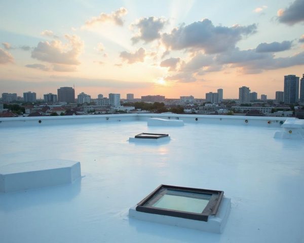 TPO membrane flat roof on commercial building in Aubrey TX with clean seams and proper HVAC placement.