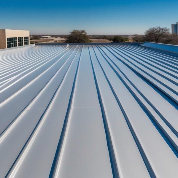 A professionally installed commercial standing seam metal roof reflects sunlight across its smooth surface. Captured in Weston, TX, the image shows a sleek metal roofing system with visible seams and rooftop vents, offering durability and energy efficiency for large commercial properties. In the distance, modern office buildings and trees frame the scene, reinforcing the urban Texas setting. Weston roofing company SCR, Inc. specializes in commercial roofing projects like this—trusted by businesses for metal roof installation, repair, and maintenance. Call 972-839-6834 for commercial roofing solutions in Weston.